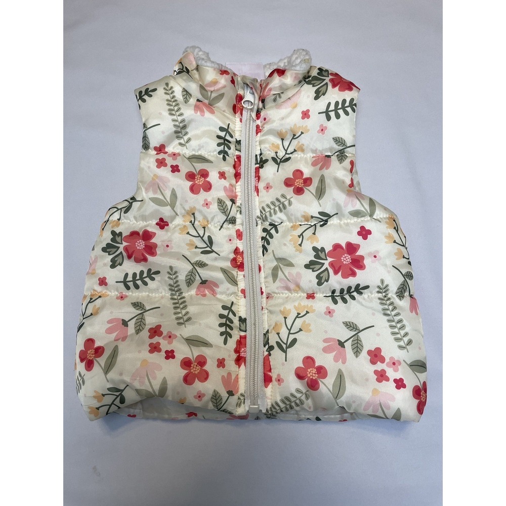 Just Lizzy Cream Floral Puffer‎ Vest Zip Up Sherpa Girls Infant Size 12 Months